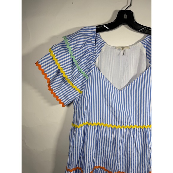 Entro Blue White Stripe Ric Rac Trim Tiered Flutter Sleeve Mini Dress Medium - Picture 4 of 11